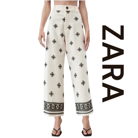 Zara Pants - ZARA Ecru & Black High Waist Embroidered Detail Wide Leg Linen Trousers, Size M.